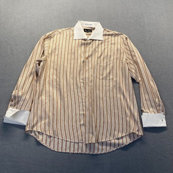 Bruno Conte Men's Button Up French Cuff Dress Shirt 17 1/2 34/35 Orange Striped - Picture 1 of 11